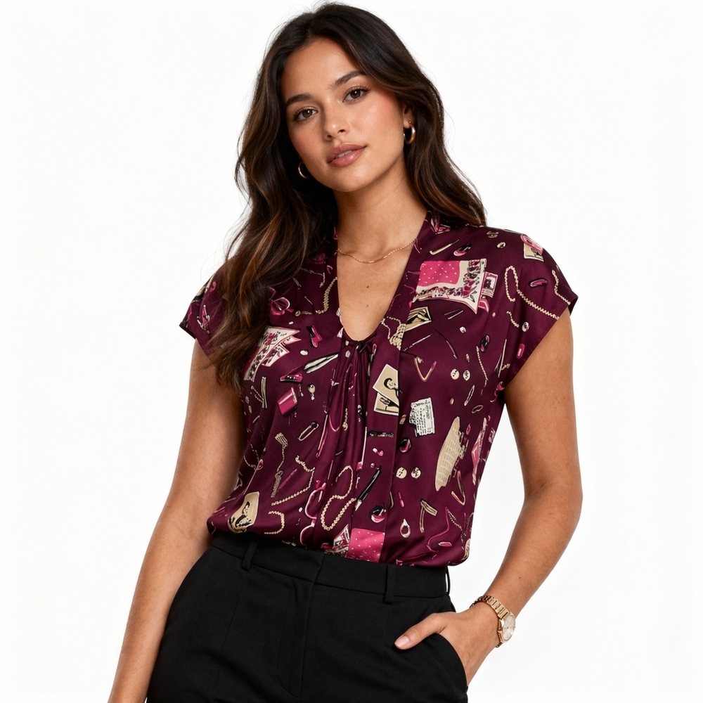 Talbots 100% Silk Tie Neck Blouse Burgundy Pink Accessories Print Size 6